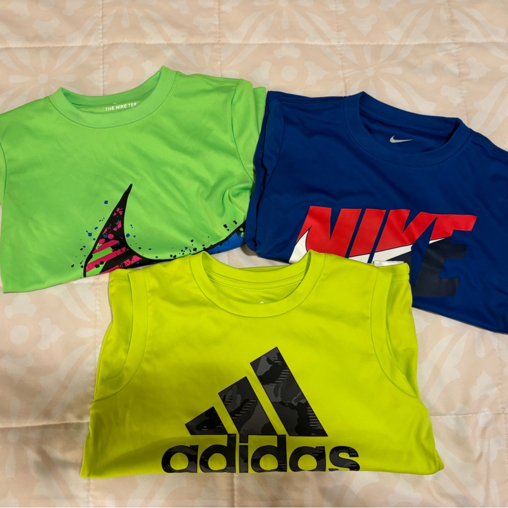 3 shirts- 2 Nike Dri-FIT in Blue, Green, and 1 Adidas dri-fit cutoff in Yellow